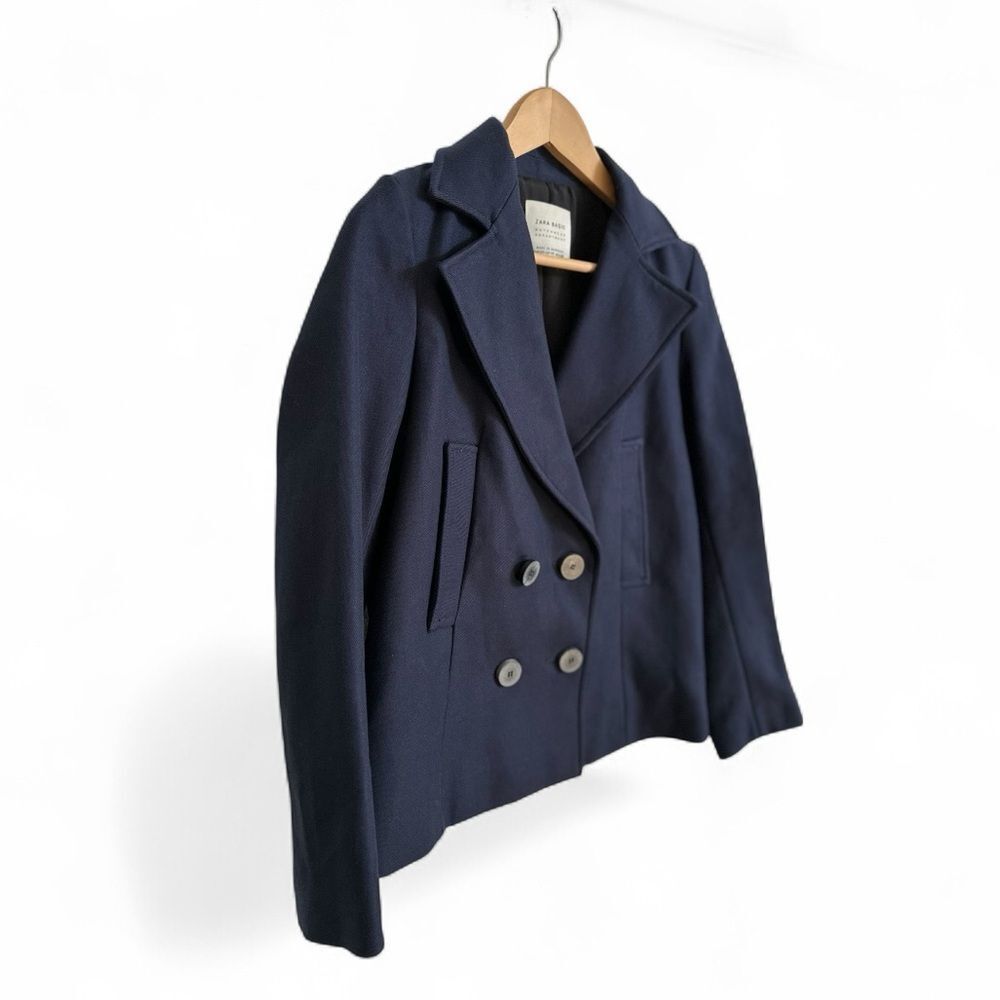 Zara Basic Navy Double Breasted Jacket Peacoat Si… - image 2